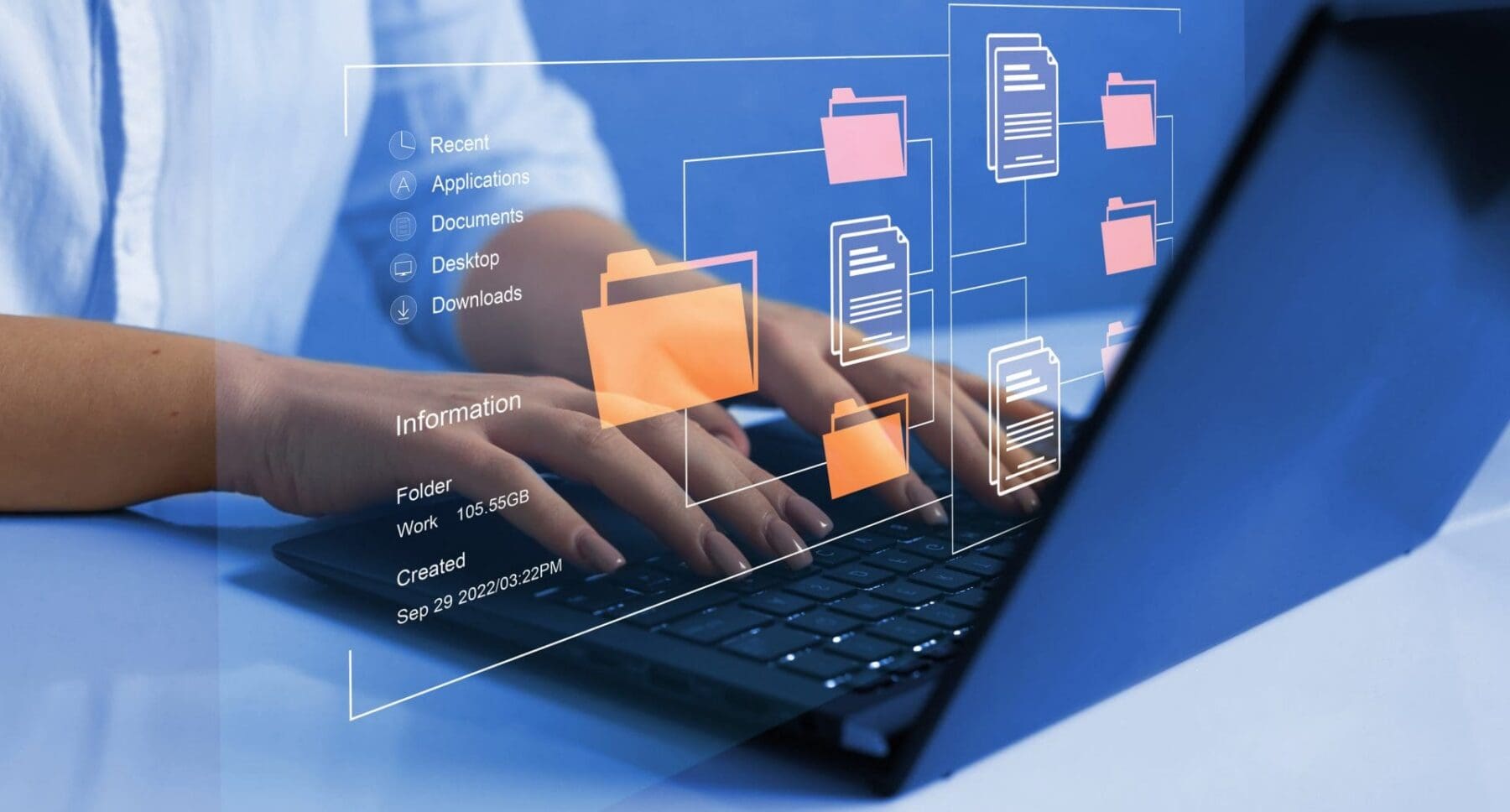 Hands typing on a laptop keyboard with a digital overlay showing file management icons, folders, documents, and data information.