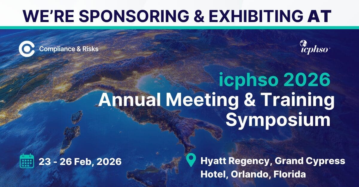 Advertisement for icphso 2026 Annual Meeting & Training Symposium. Compliance & Risks is sponsoring and exhibiting. Event dates: February 23-26, 2026. Location: Hyatt Regency, Grand Cypress Hotel, Orlando, Florida. Background shows Earth at night.