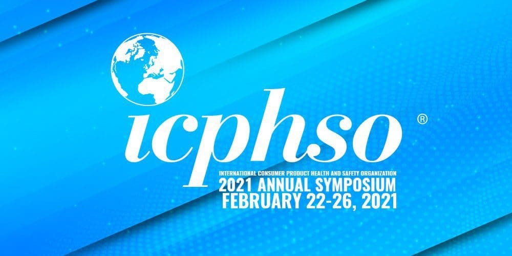 Logo for ICPHSO 2021 Annual Symposium. It features a white globe and the stylized text 'icphso', with 'International Consumer Product Health and Safety Organization' and '2021 Annual Symposium, February 22-26, 2021' on a blue background.