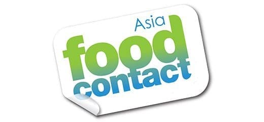 Logo for 'Asia food contact' with 'Asia' in blue, 'food' in green, and 'contact' in blue, on a white rounded rectangle with a peeled corner effect.