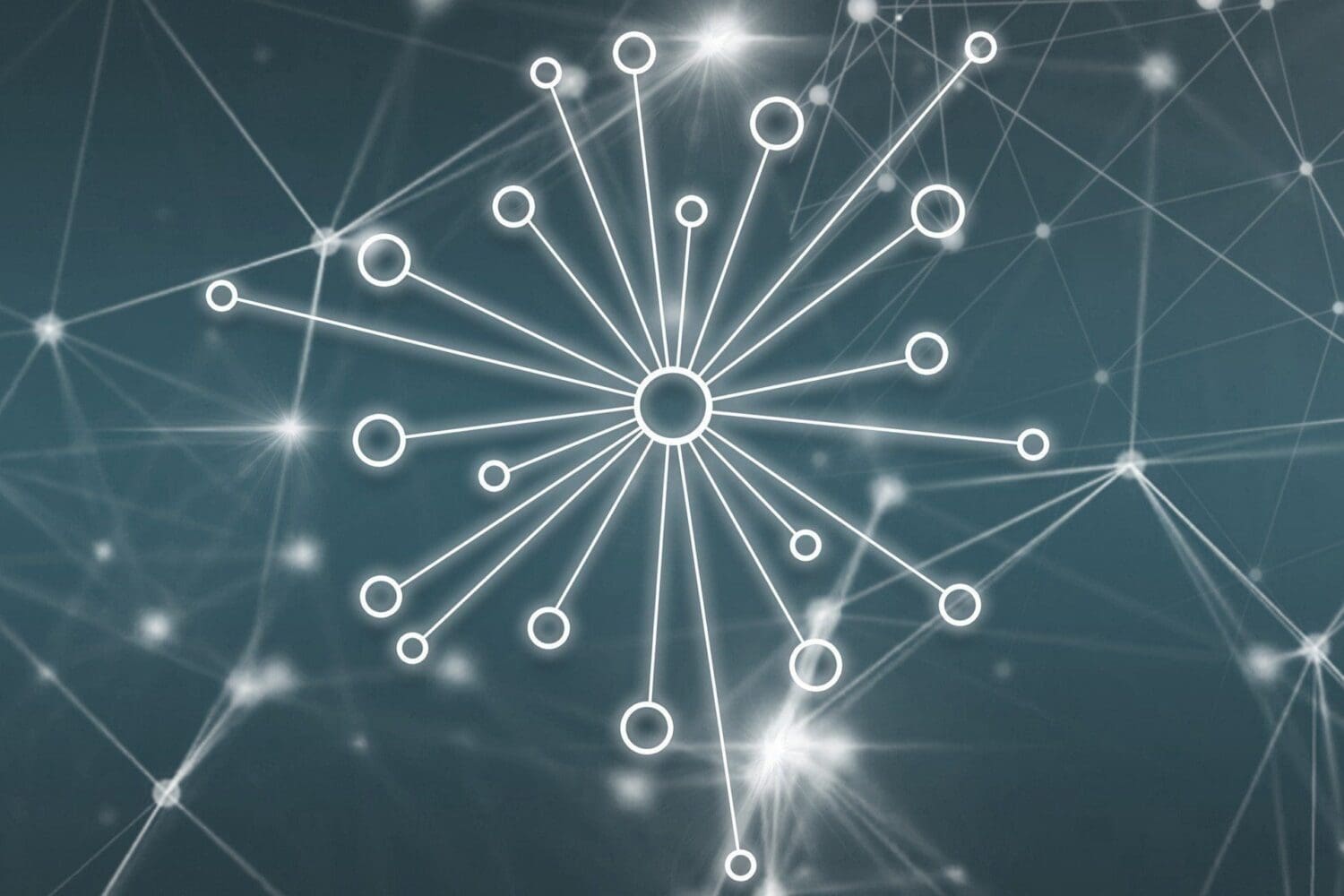 Abstract image of a central white node with lines radiating to smaller nodes, forming a network pattern on a dark teal background with light flares.