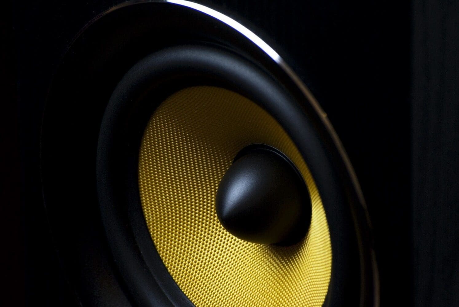 Close-up of a yellow speaker cone with a black dust cap and black surround.
