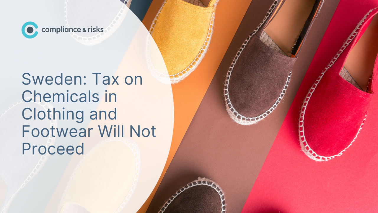 Adherent (formerly Compliance & Risks). Several colorful espadrille shoes on a multi-colored background with text 'Sweden: Tax on Chemicals in Clothing and Footwear Will Not Proceed' and 'compliance & risks' logo.