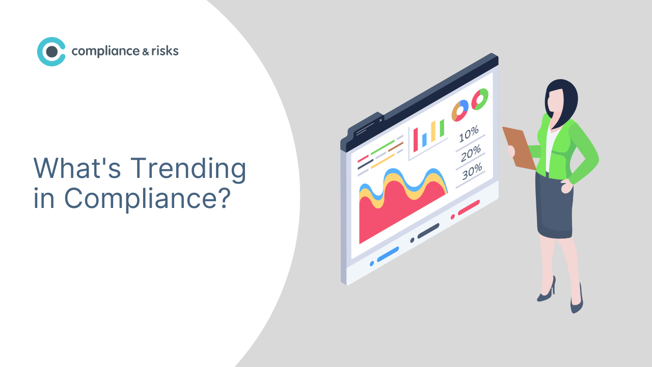 Adherent (formerly Compliance & Risks). Illustration showing a woman with a clipboard next to a large screen displaying various data charts and graphs, with the text 'What's Trending in Compliance?' and the 'compliance & risks' logo.