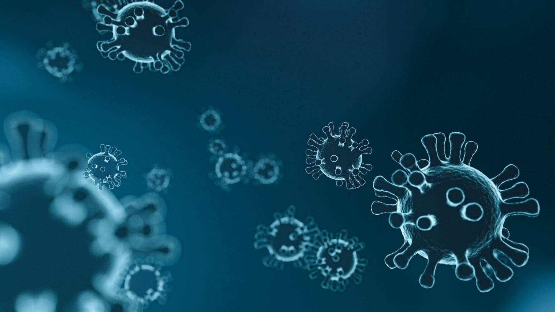An illustration showing multiple virus particles with spike proteins, rendered in blue and white against a dark blue background.