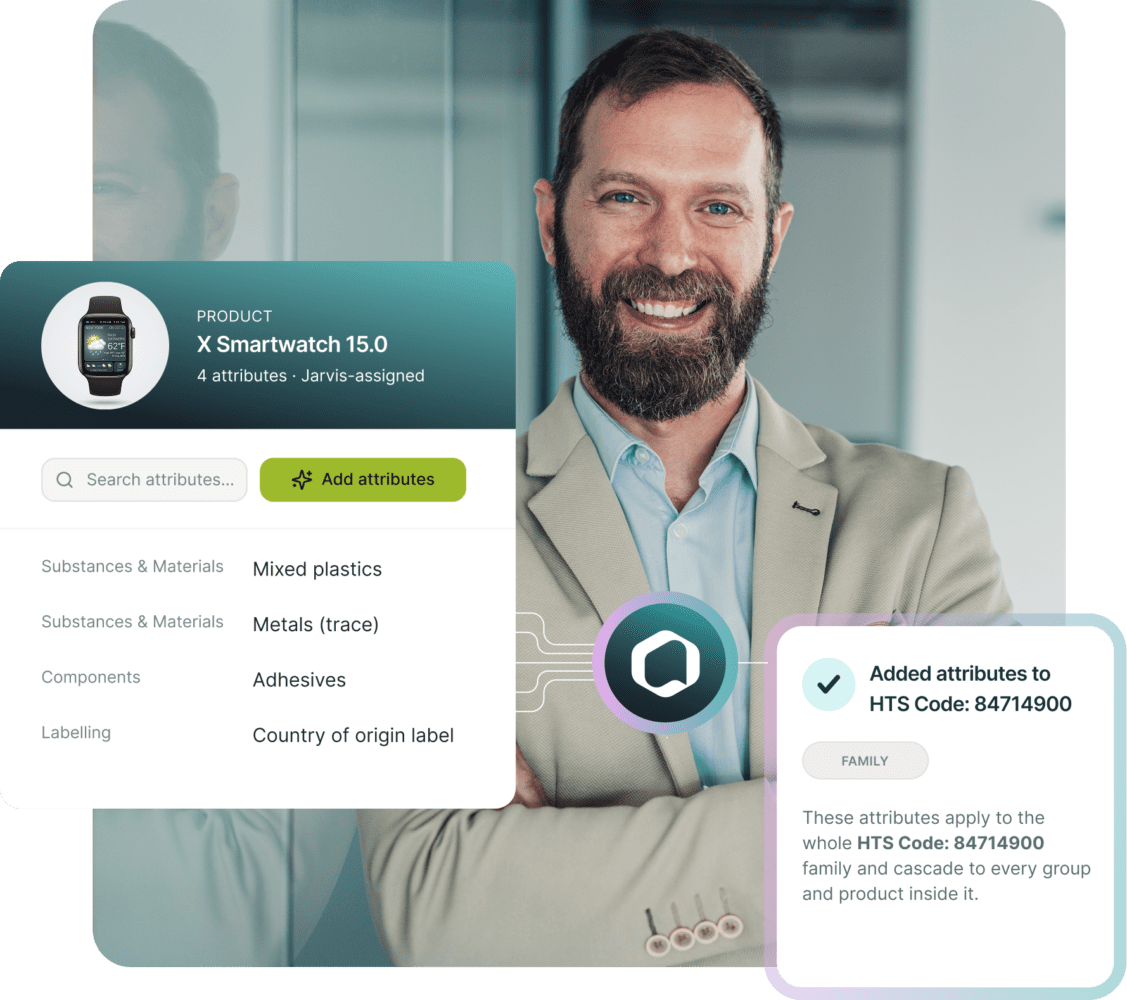 A smiling man with a beard, wearing a blazer, with an overlaid digital interface showing product details for an X Smartwatch 15.0, including attributes like materials, components, and HTS code information.