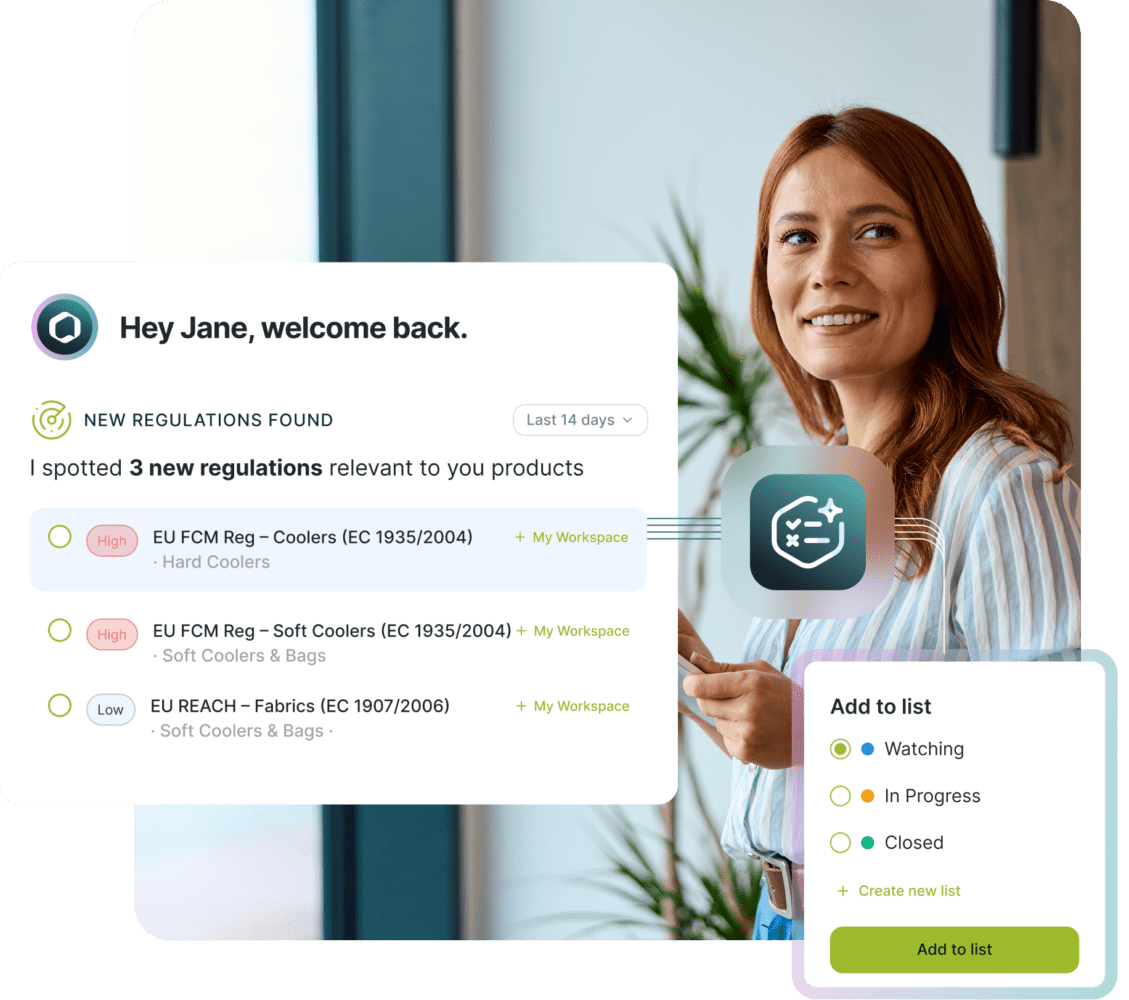 A smiling woman looks to the side, with two overlaid user interface cards showing 'New Regulations Found' with a list of three regulations and an 'Add to list' menu with status options.