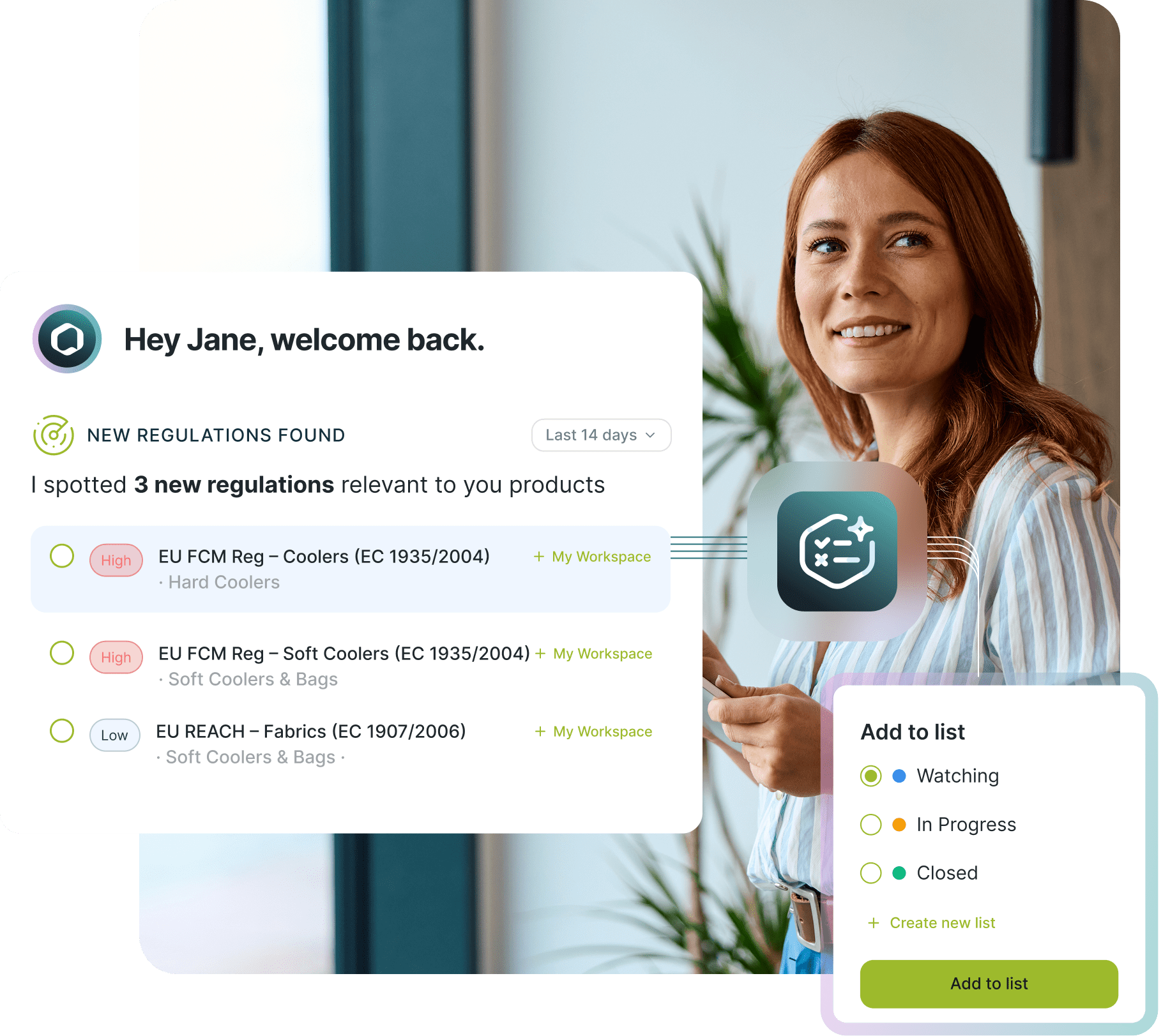 A smiling woman looks to the side, with two overlaid user interface cards showing 'New Regulations Found' with a list of three regulations and an 'Add to list' menu with status options.