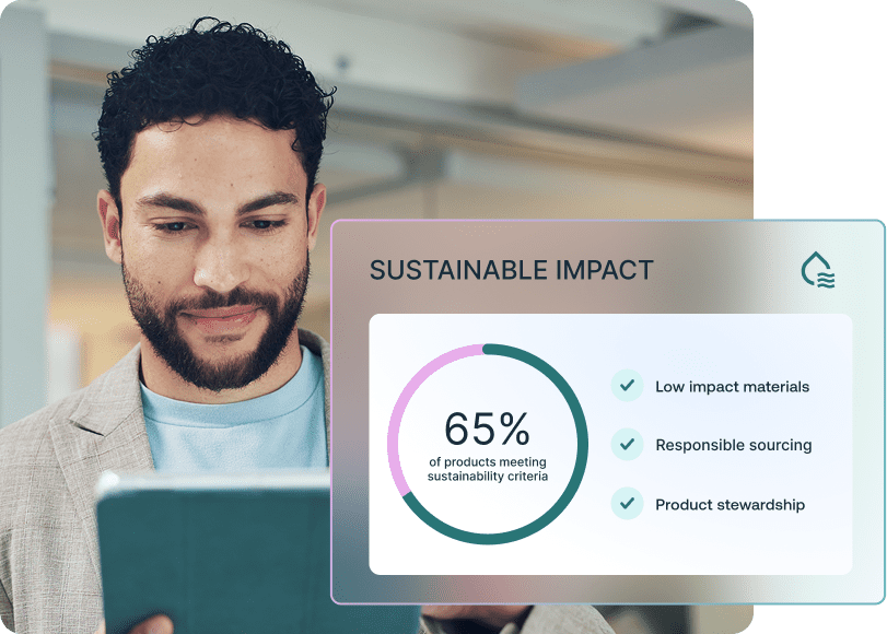 A man looks at a tablet displaying a 'Sustainable Impact' graphic with a circular chart showing 65% of products meeting sustainability criteria, alongside a list of sustainable practices.