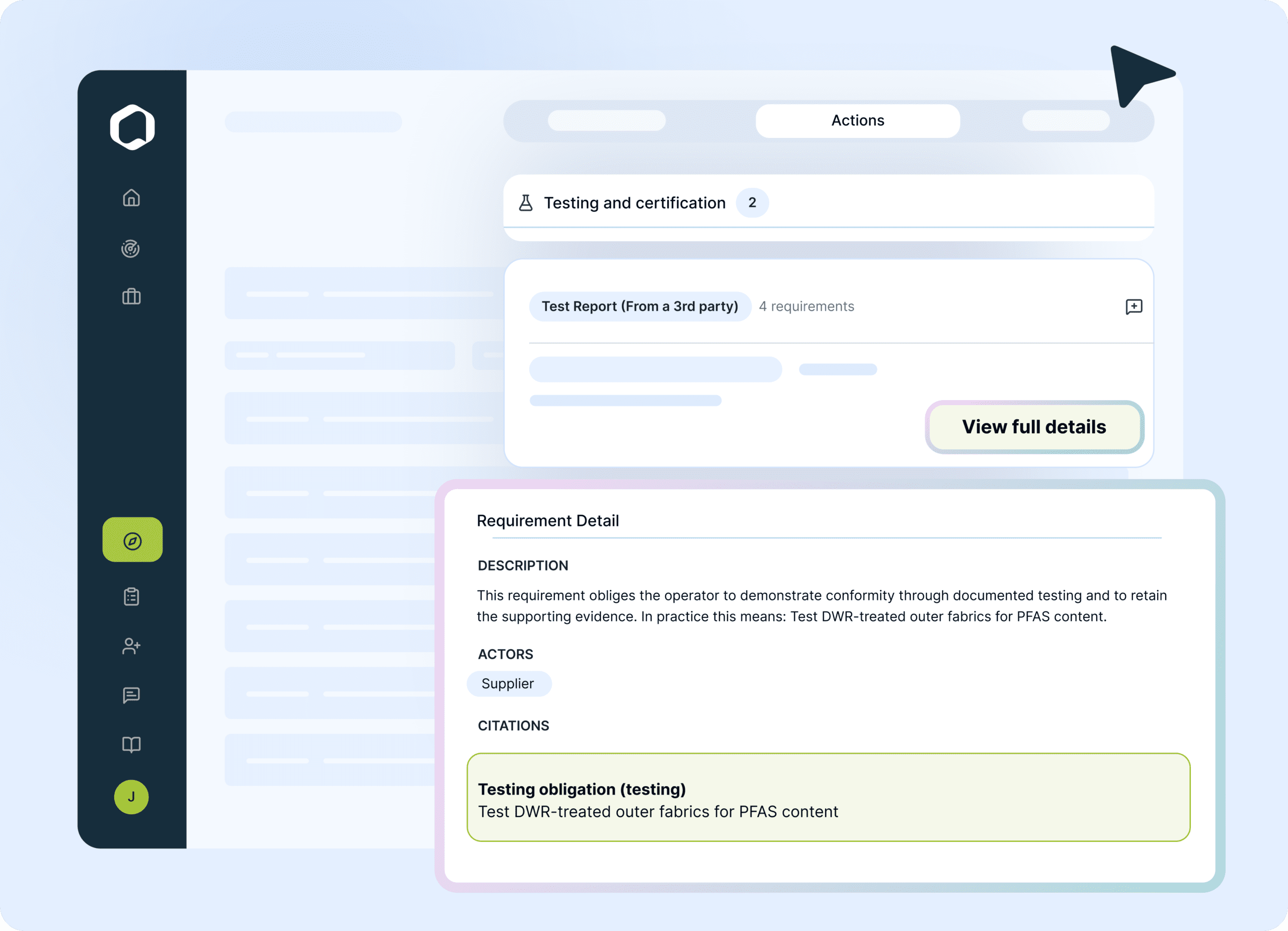 Screenshot of a digital interface showing 'Requirement Detail' for testing and certification, including description, actors, and citations.