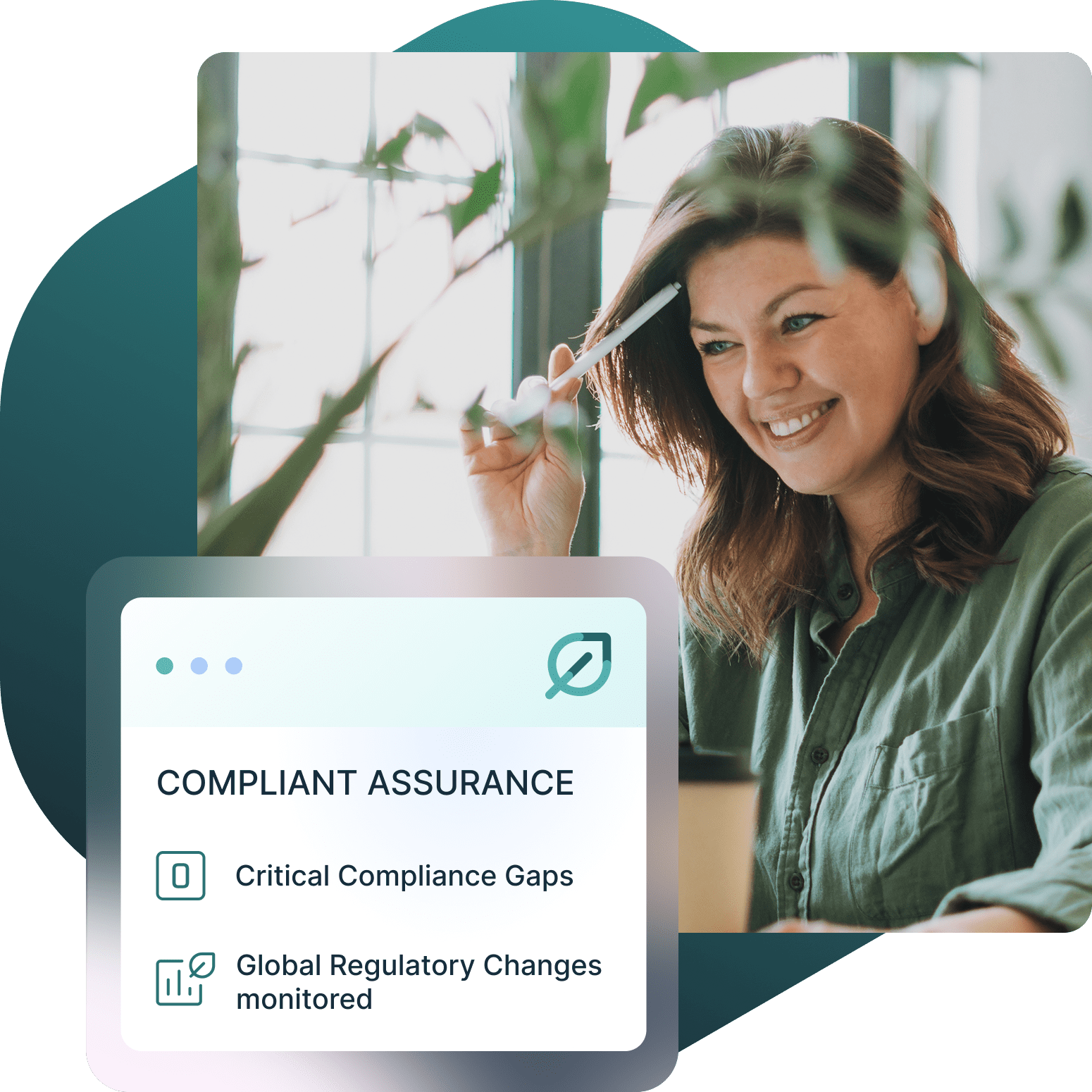 A smiling woman with a pen, next to a graphic titled 'Compliant Assurance' showing '0 Critical Compliance Gaps' and 'Global Regulatory Changes monitored'.