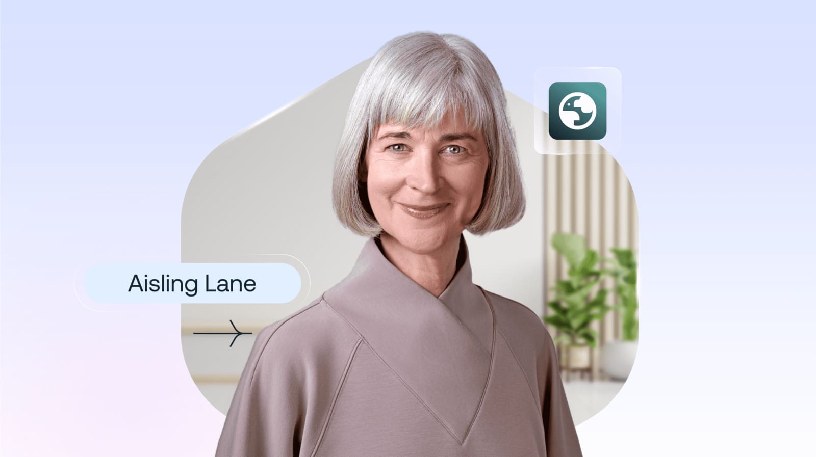 A smiling woman with short gray hair and a light brown top. Text 'Aisling Lane' and a green icon are visible in the background.