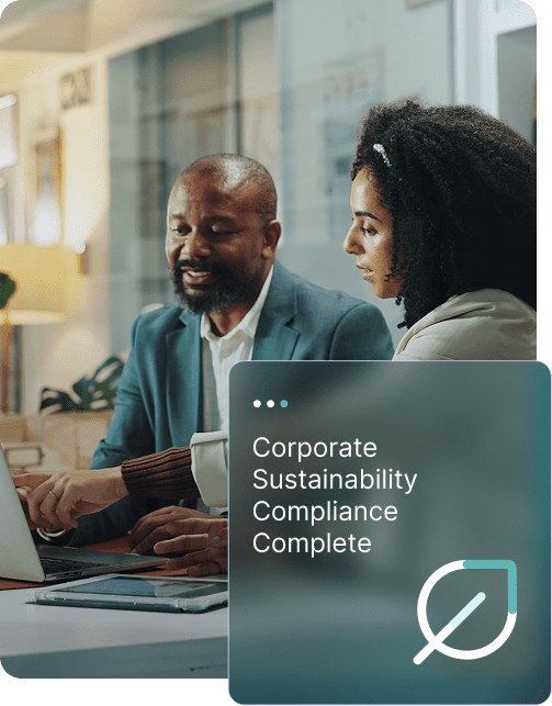 Two professionals, a man and a woman, looking at a laptop. A graphic overlay reads 'Corporate Sustainability Compliance Complete' with a leaf icon.