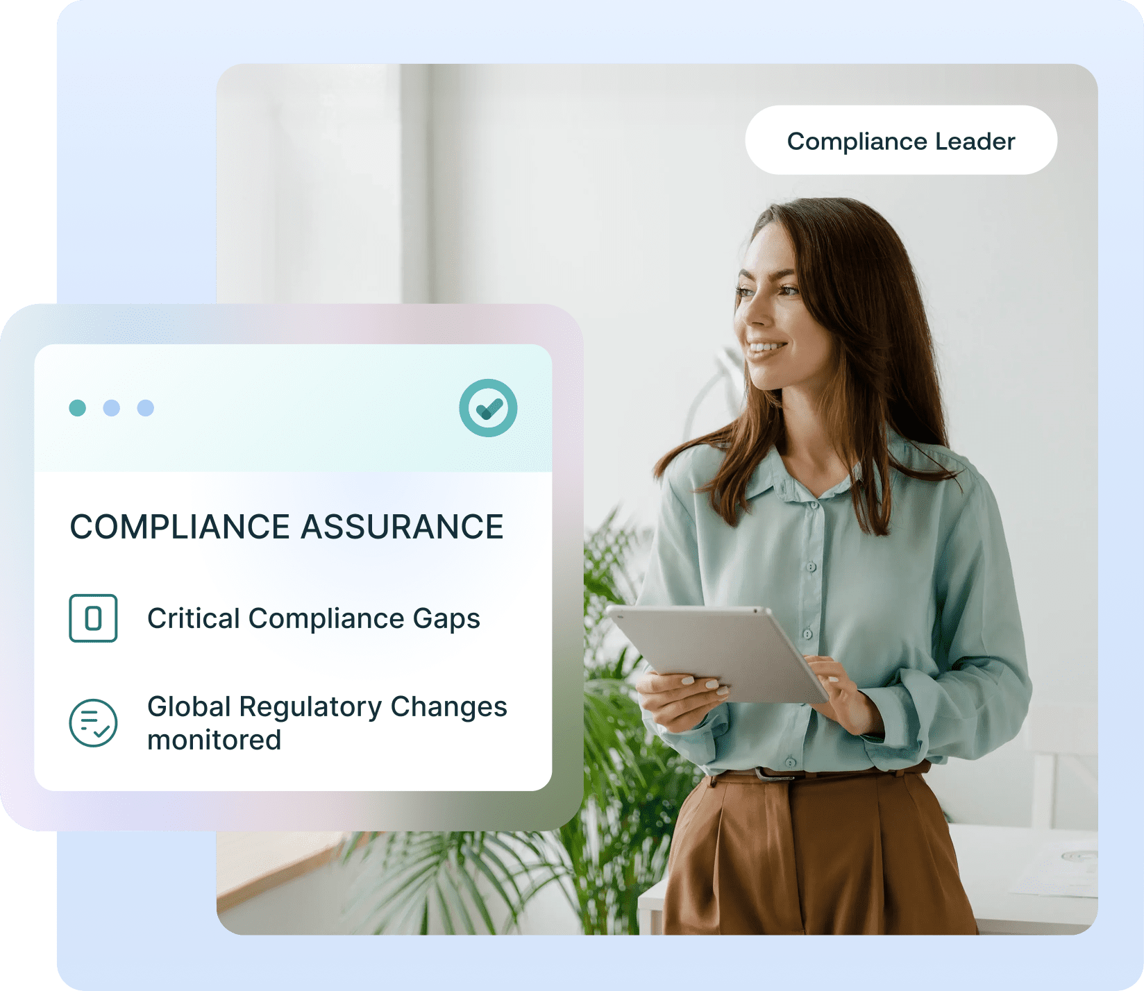 Adherent (formerly Compliance & Risks). A smiling woman, labeled 'Compliance Leader', holds a tablet next to an overlay showing 'Compliance Assurance' with points on 'Critical Compliance Gaps' and 'Global Regulatory Changes monitored'.