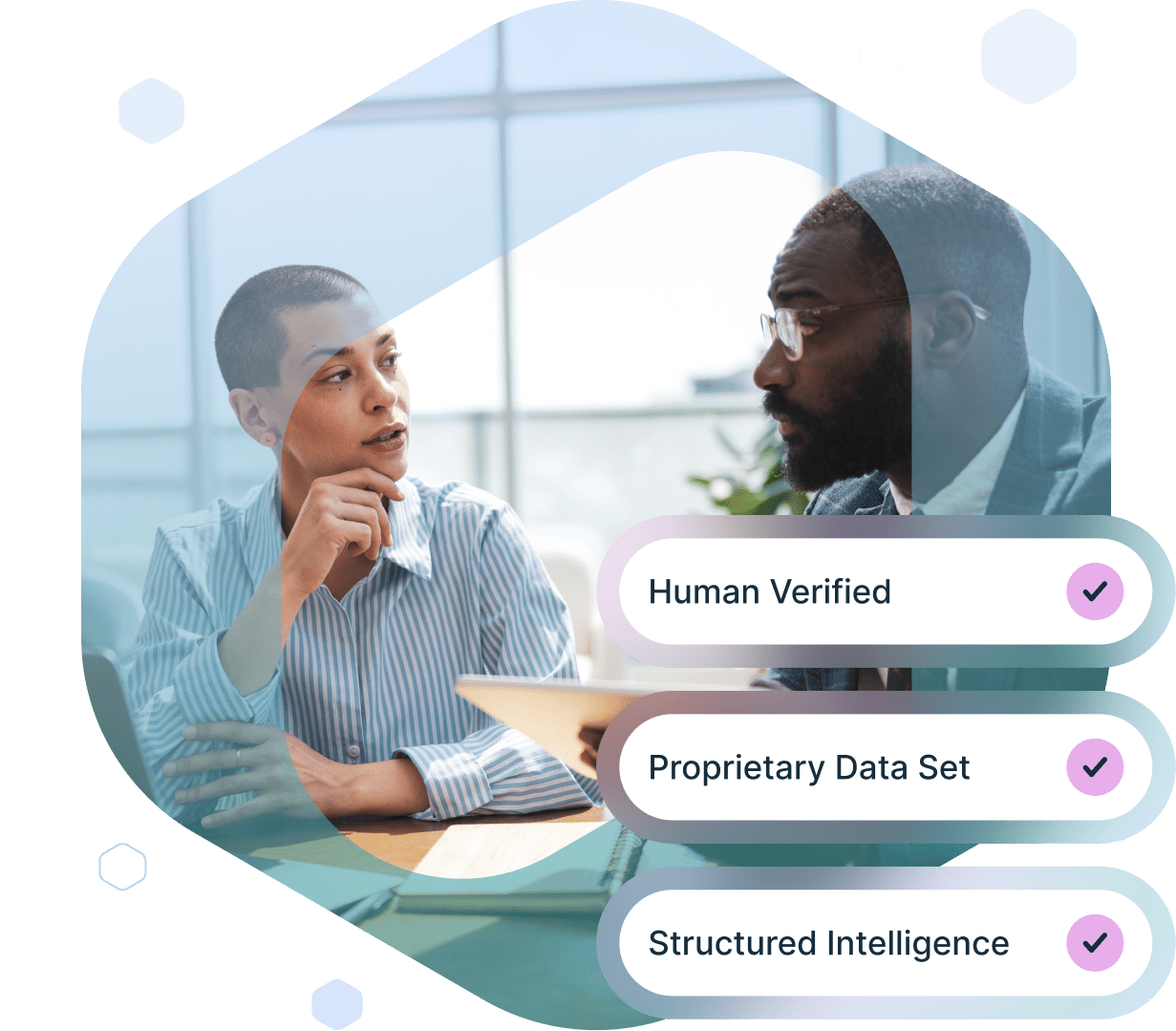 Two professionals, a woman and a man, in a meeting, with overlaid text 'Human Verified,' 'Proprietary Data Set,' and 'Structured Intelligence,' each with a checkmark.