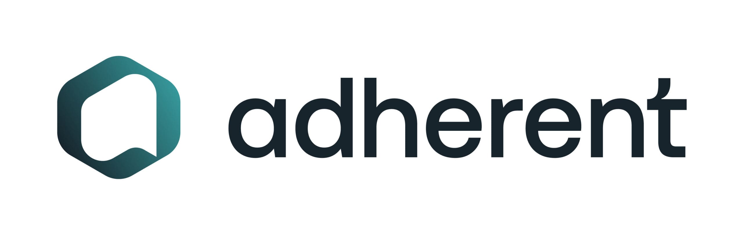 Adherent logo, showing a teal and blue-green geometric shape next to the word 'adherent' in dark text.