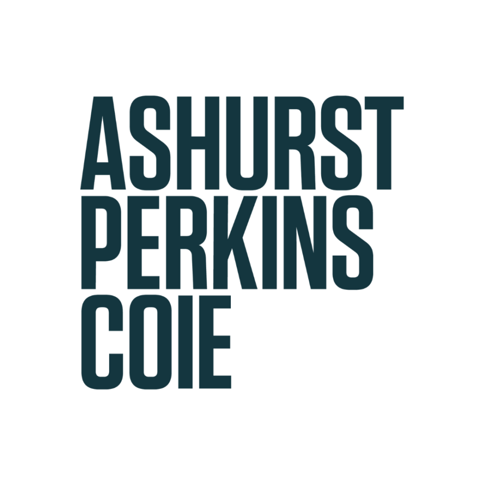 ASHURST PERKINS COIE in dark teal text on a black background.