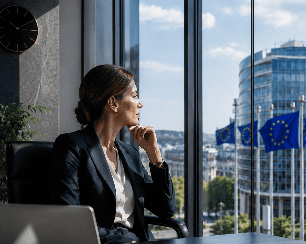 A businesswoman in a dark suit sits at a desk, looking out a large window at a city with European Union flags.